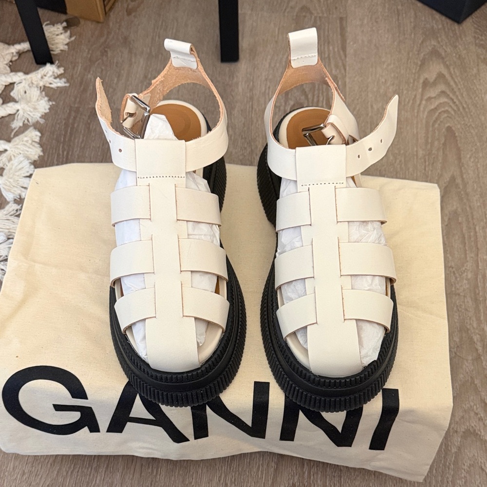 Ganni White Leather Fisherman Sandals with Black Soles